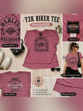 Harley Davidson Pink Graphic Tee Oversized Biker Y2K Distressed Logo Medium